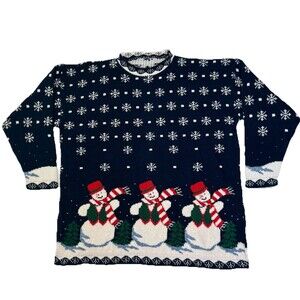 Vintage Adele Knit Christmas Sweater Snowman Snowflake Navy USA Acrylic Large?